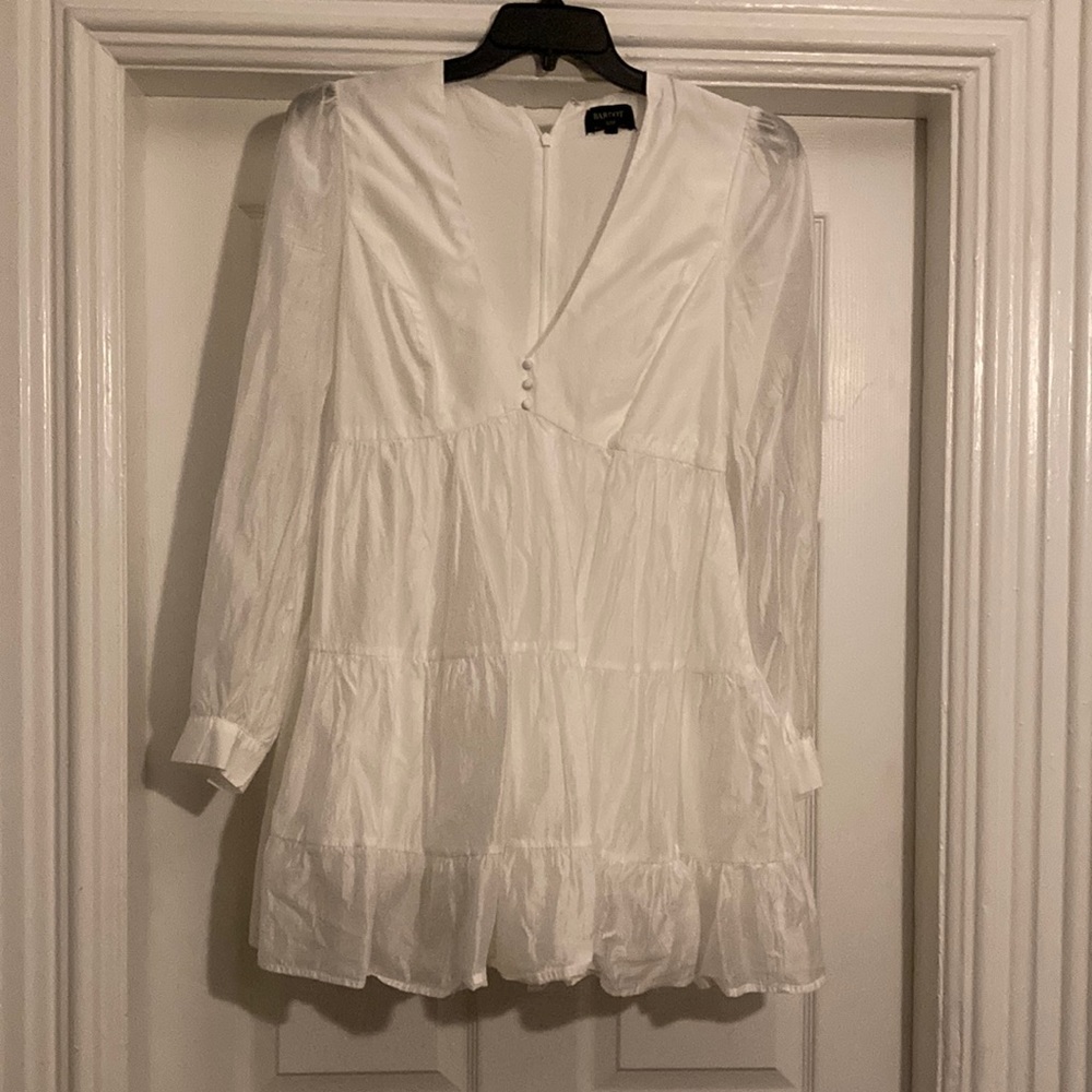 Bardot, size medium white dress. Long sleeves, mini skirt.